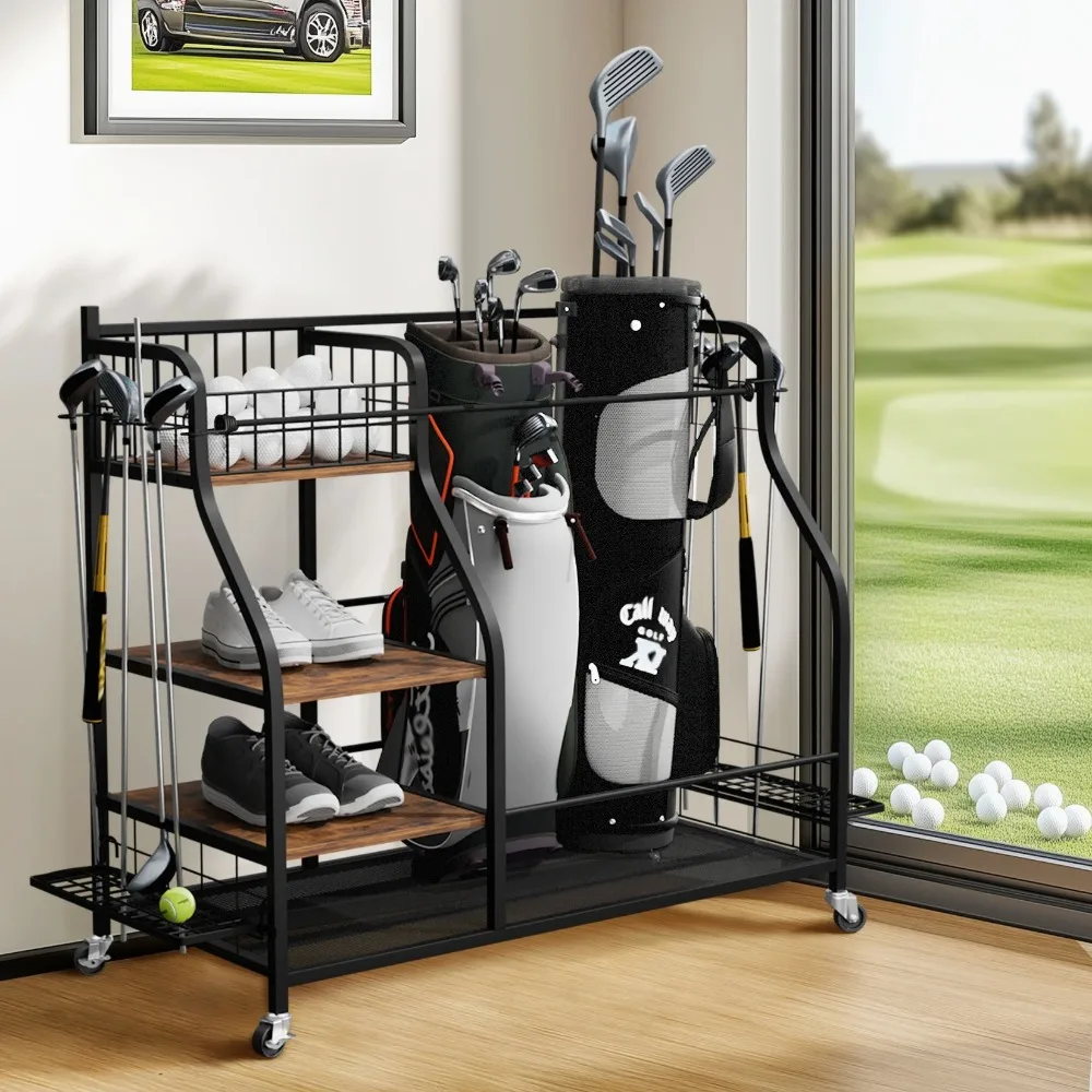 

Mobile Golf Bag Rack with Wheels, Multifunctional Sports Equipment Organizer, Metal Storage Shelf