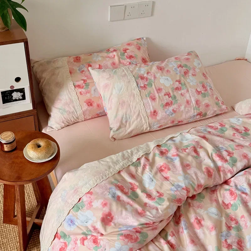 Pastoral Floral Bedding Set with Lace Girl Style Cloud Touch Bed Sets for Single Skin-Friendly Fitted Sheet Kit with Quilt Cover