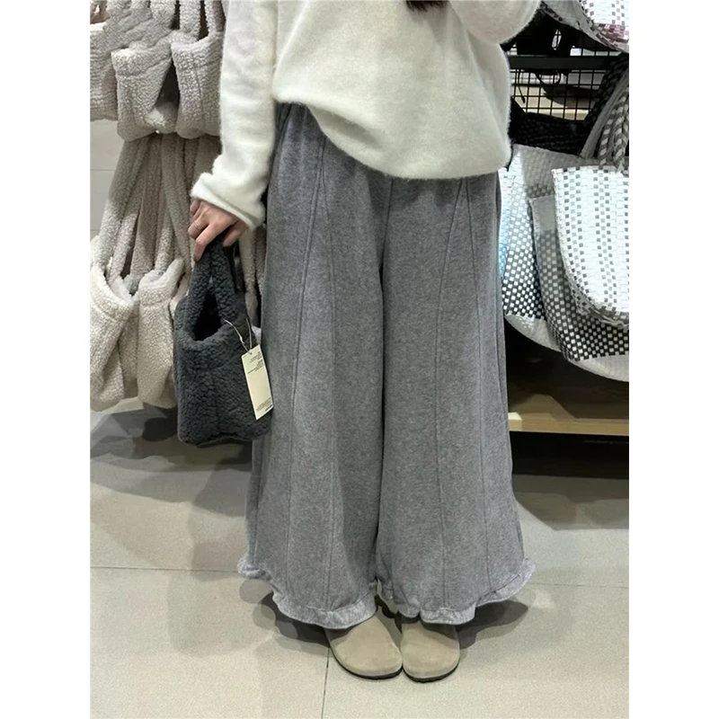 Kawaii الصوفية بنطال ذو قصة أرجل واسعة النساء موضة الشارع الشهير الكشكشة الصوف السراويل الفضفاضة الشتاء اليابانية لطيف عادية مستقيم بنطلون