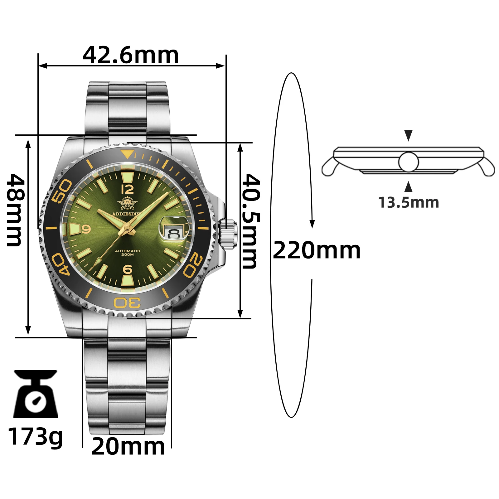 Addiesdive novo 40mm água fantasma mergulhador relógio masculino de luxo negócios nh35 relógio mecânico automático safira à prova dwaterproof água 200m ad2085