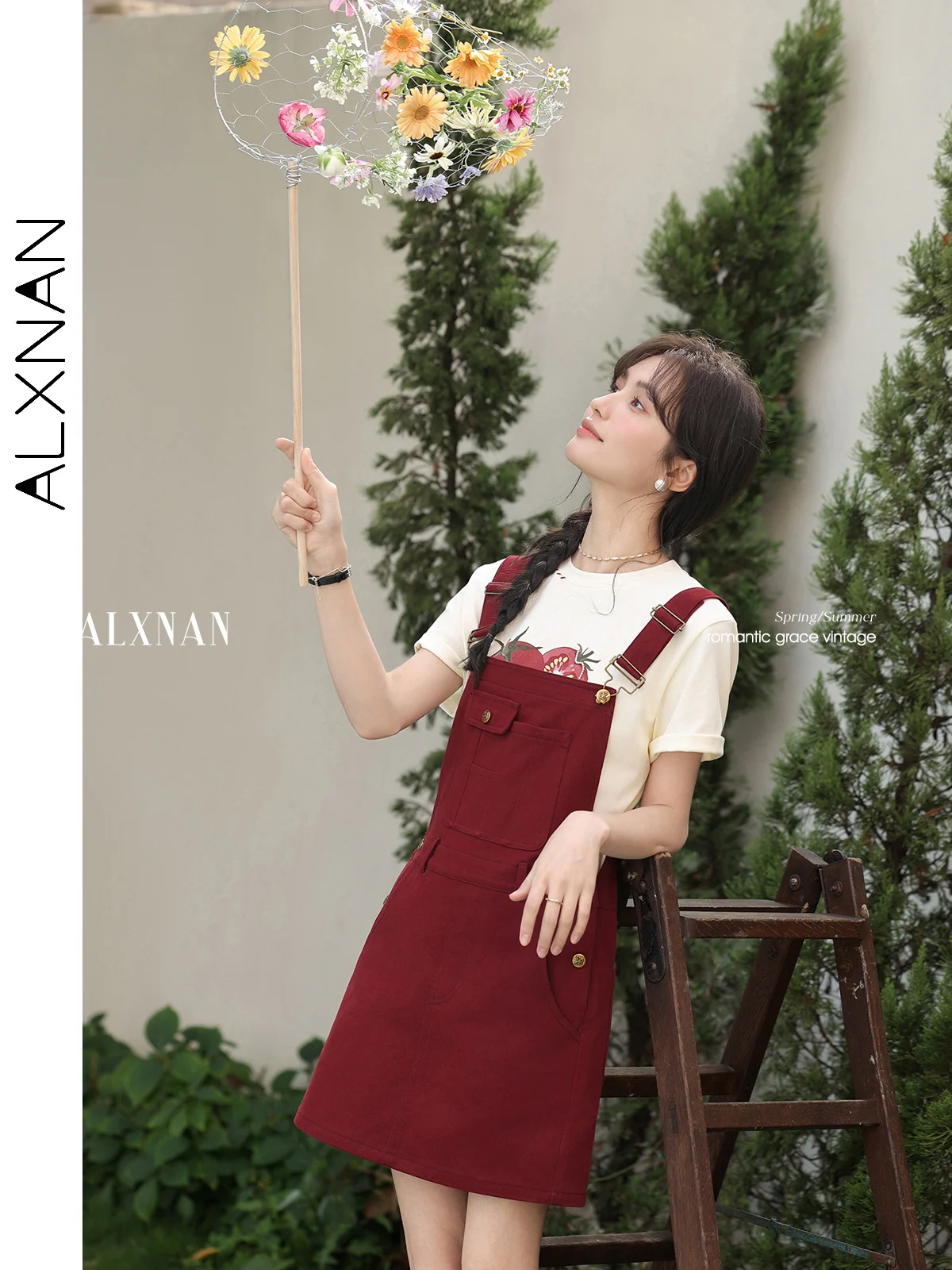 

ALXNAN Women Suspender Dress 2025 Summer French Short Vintage Red Dresses Sleeveless Cotton Ladies Clothing with Pockets L53568