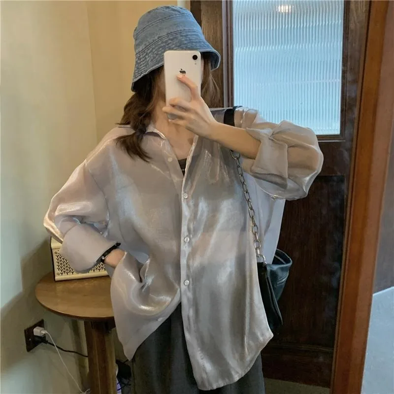 QWEEK  Satin Oversized Long Sleeve Shirt Woman Basic Office Ladies Blouses Korean Fashion Summer Transparent  Aesthetic 2024