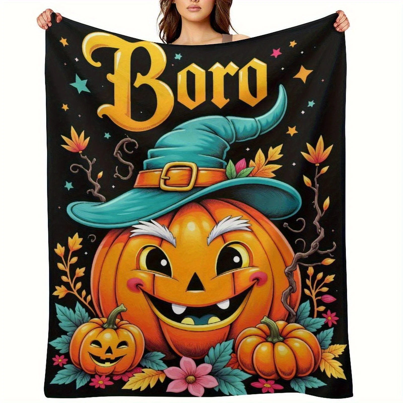 Halloween Pumpkin Witch Hat Throw Blanket  Machine Washable, All-Season Use, Halloween Decorations, Festive Home Decor
