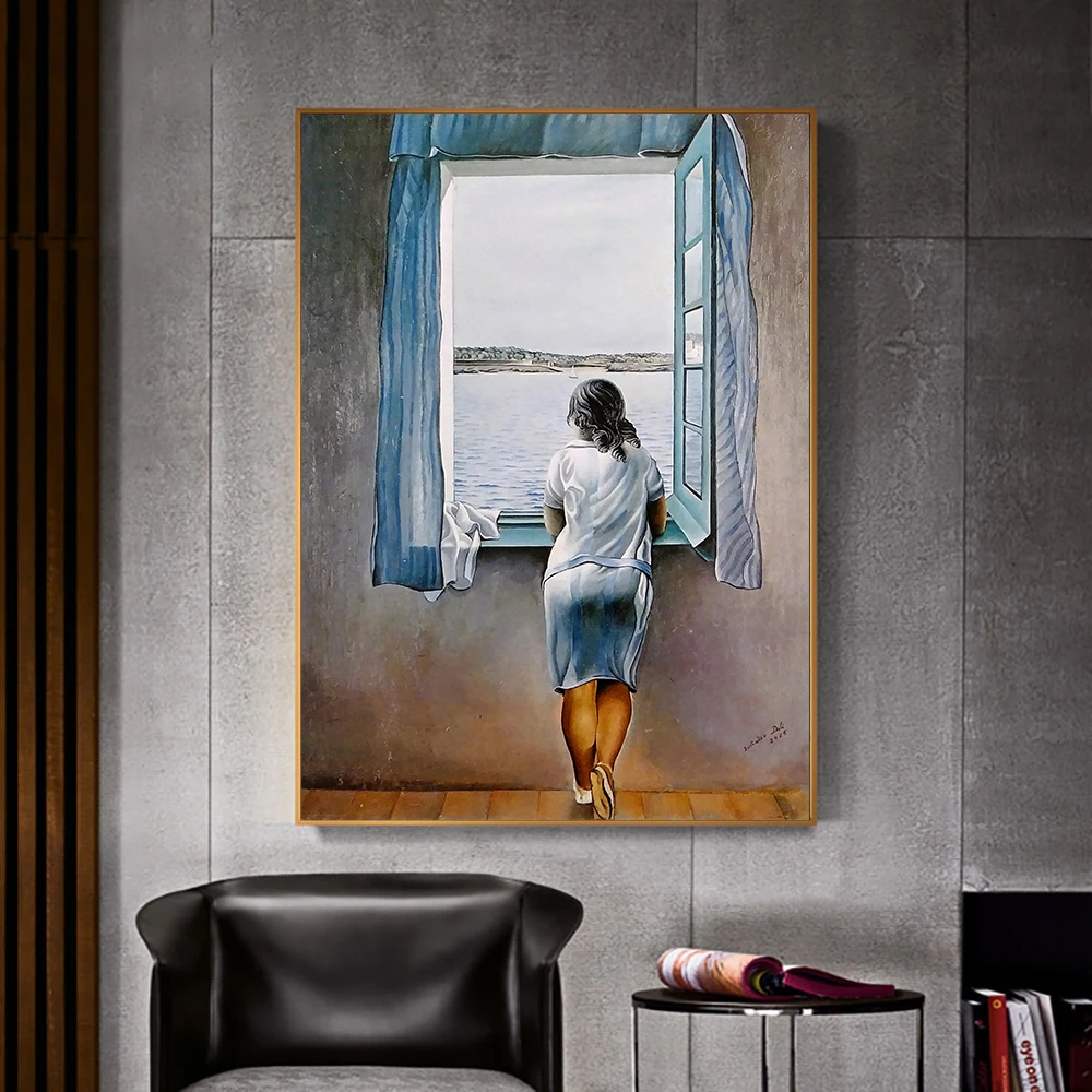 

Girl At the Window Painting Canvas Print Poster Salvador Dali Wall Art Woman Sea Blue Picture for Living Room Home Decor Cuadros