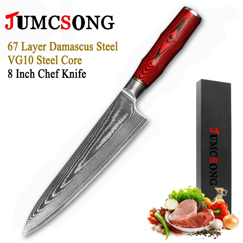 JUMCSONG 8-inch chef's knife VG10 steel core sharp cutting knife for meat cutting, Japanese sushi sashimi knife, red G10 handle