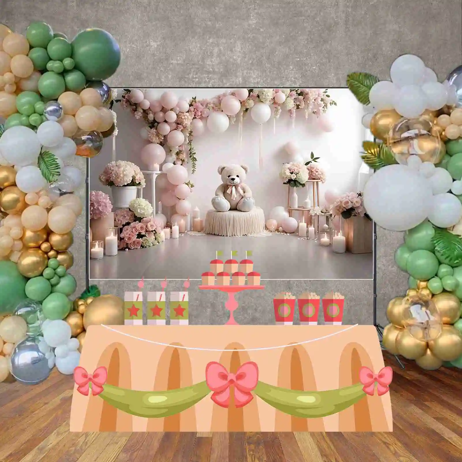 MOON.QG-telón de fondo con diseño de oso de peluche, accesorio de fotografía personalizado para fiesta de cumpleaños, guirnalda con globos florales para niña