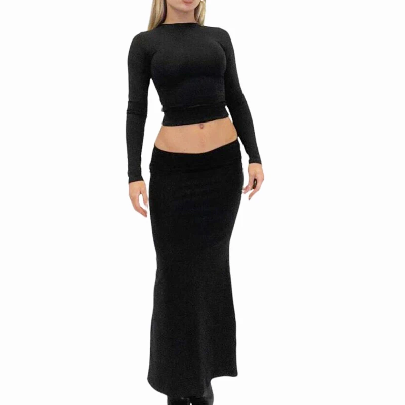 

Women Two Piece Set Outfits Casual Long Sleeve Slim Fit Crop Top + Bodycon Skirt Female Elegant T Shirt Autumn Spring Streetwear