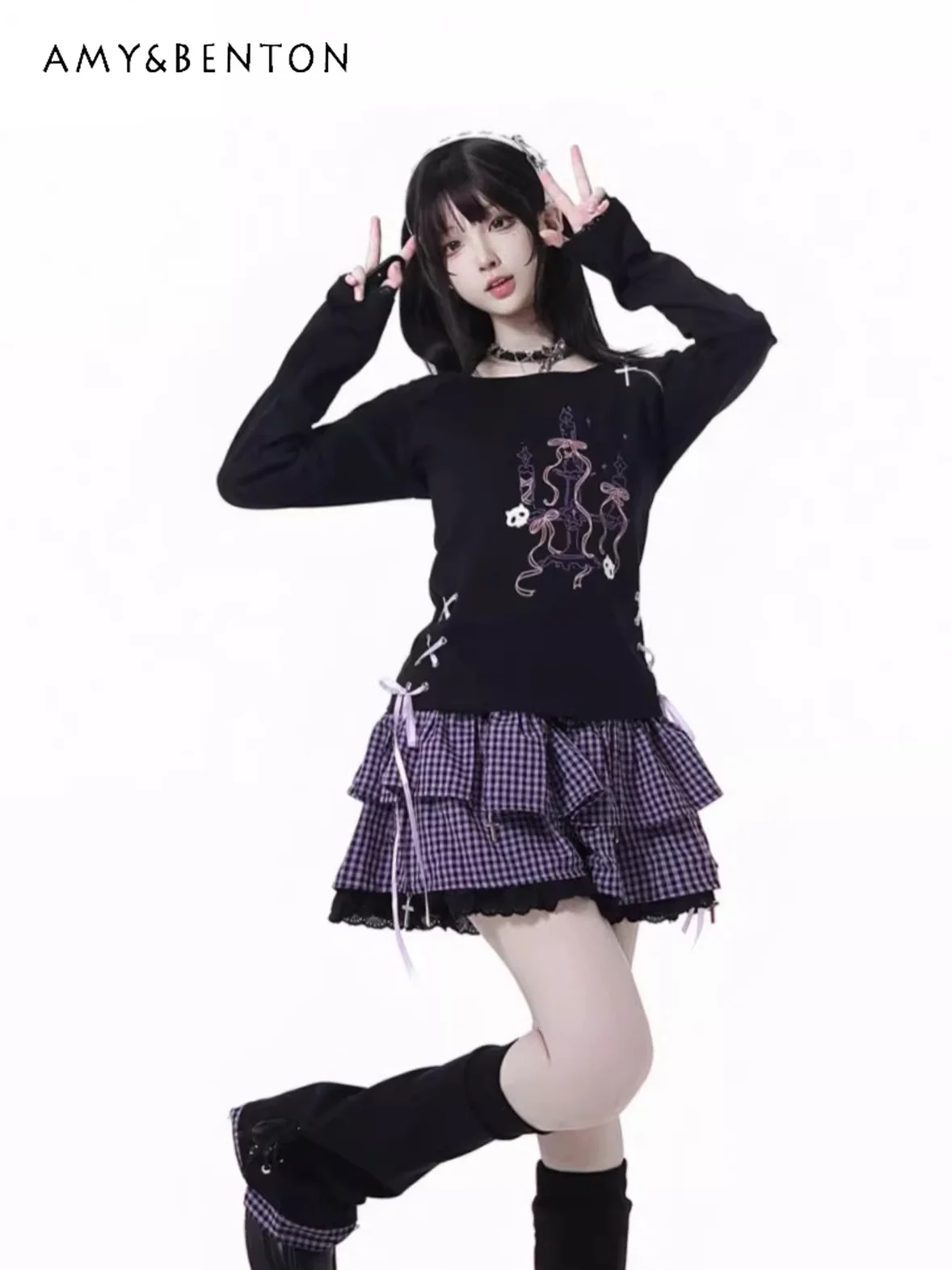 

Harajuku Style Gothic Print Oversized Hoodie Set Autumn Winter College Style Patchwork Color Top Elastic Waist Plaid Mini Skirt