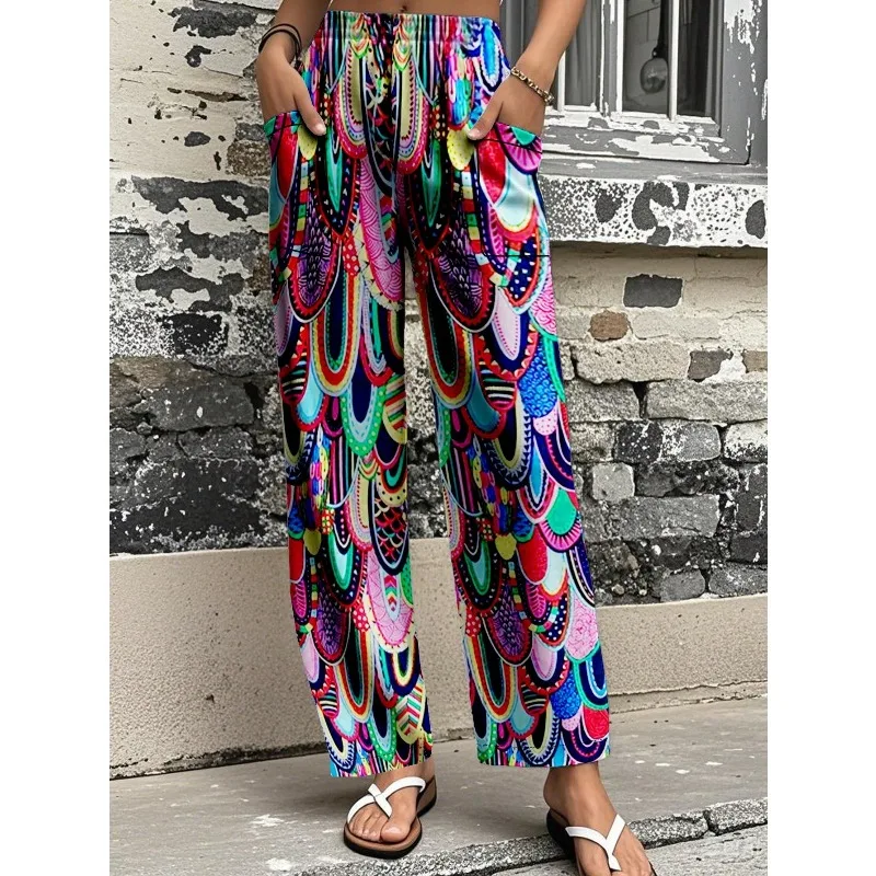 

Плюс размер 1XL-5XL, осенние женские повседневные пляжные брюки, широкие брюки в стиле хип-хоп, широкие брюки с 3D принтом ﻿