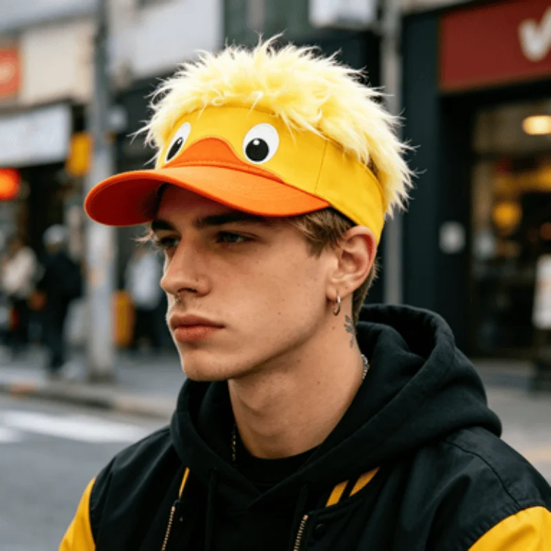 Lustiger Enten-Schirmhut mit Kunsthaar, Neuartiger Gelb-Oranger Verstellbarer Sonnenschirm für Männer und Frauen, Einzigartige Lässige Streetwear-Kappe – Detail 2