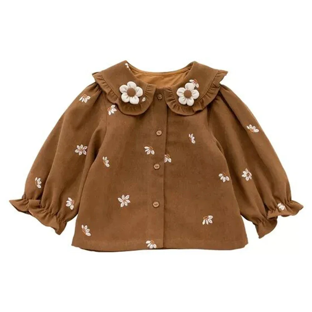 Flower Embroidery Princess Baby Girls Petal Collar Blouse 3D Petal Design Newborn Toddler Cotton Shirt Fall Winter Children Tops