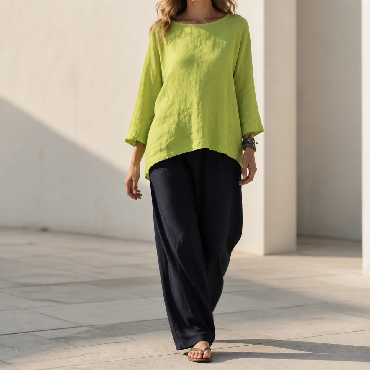Round Neck Nine Tenth Sleeve Top Regular Fit Commute Style with Pullover T Shirts Three Quarter Sleeve Regular Length for Women