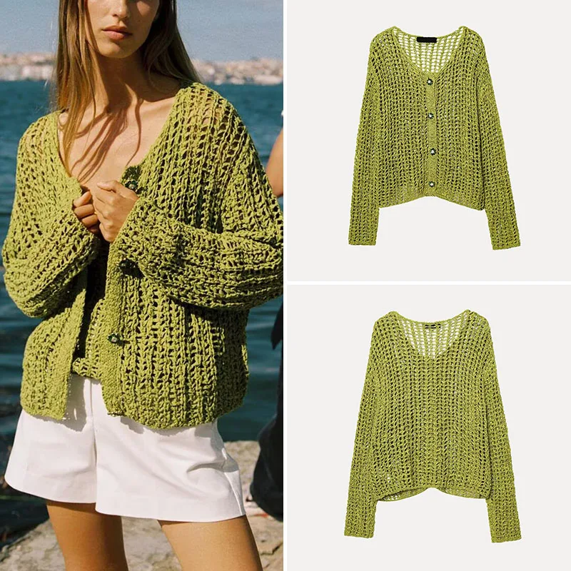 

Spring 2025 Knitted Jaet Women's Faionable Versatile Decorated Street Sle Long Sve V-Ne Polyester Fiber Color