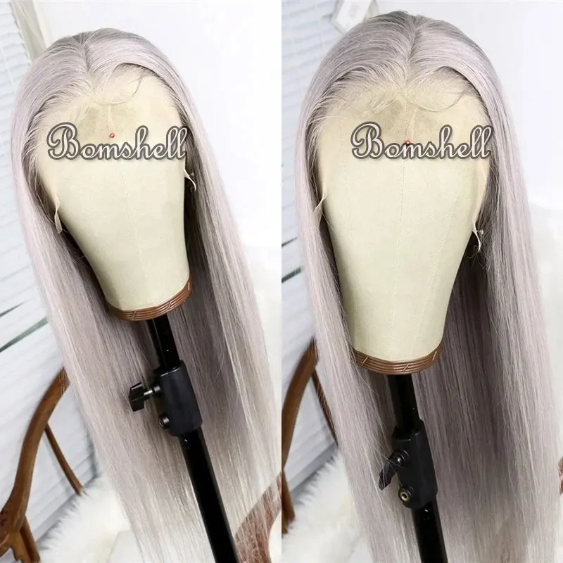 

Bombshell Platinum Grey Straight Synthetic 13x4 Lace Front Wigs Glueless High Quality Heat Resistant Fiber Hair For Black Women