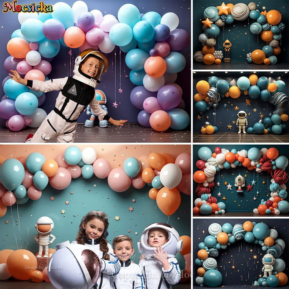 

Astronaut Boy Baby Shower Background Balloon Rocket Star Decor Birthday Party Backdrop Wallpaper Kids Cake Smash Photo Studio