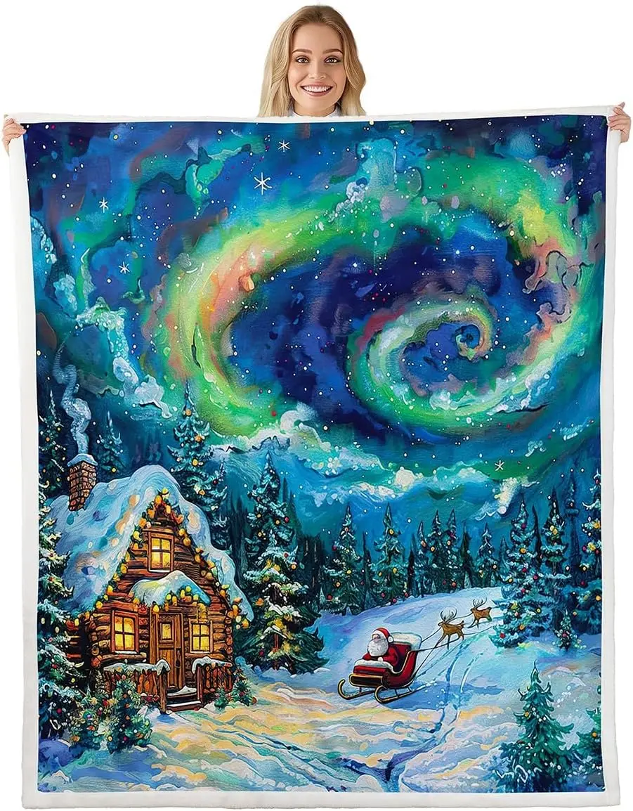 

Christmas Santa Claus Fleece Throw Blanket Throw - Ultra-Soft for Couch Sofa Bed,Polar Lights Sherpa Blanket,Oil Painting Cabin