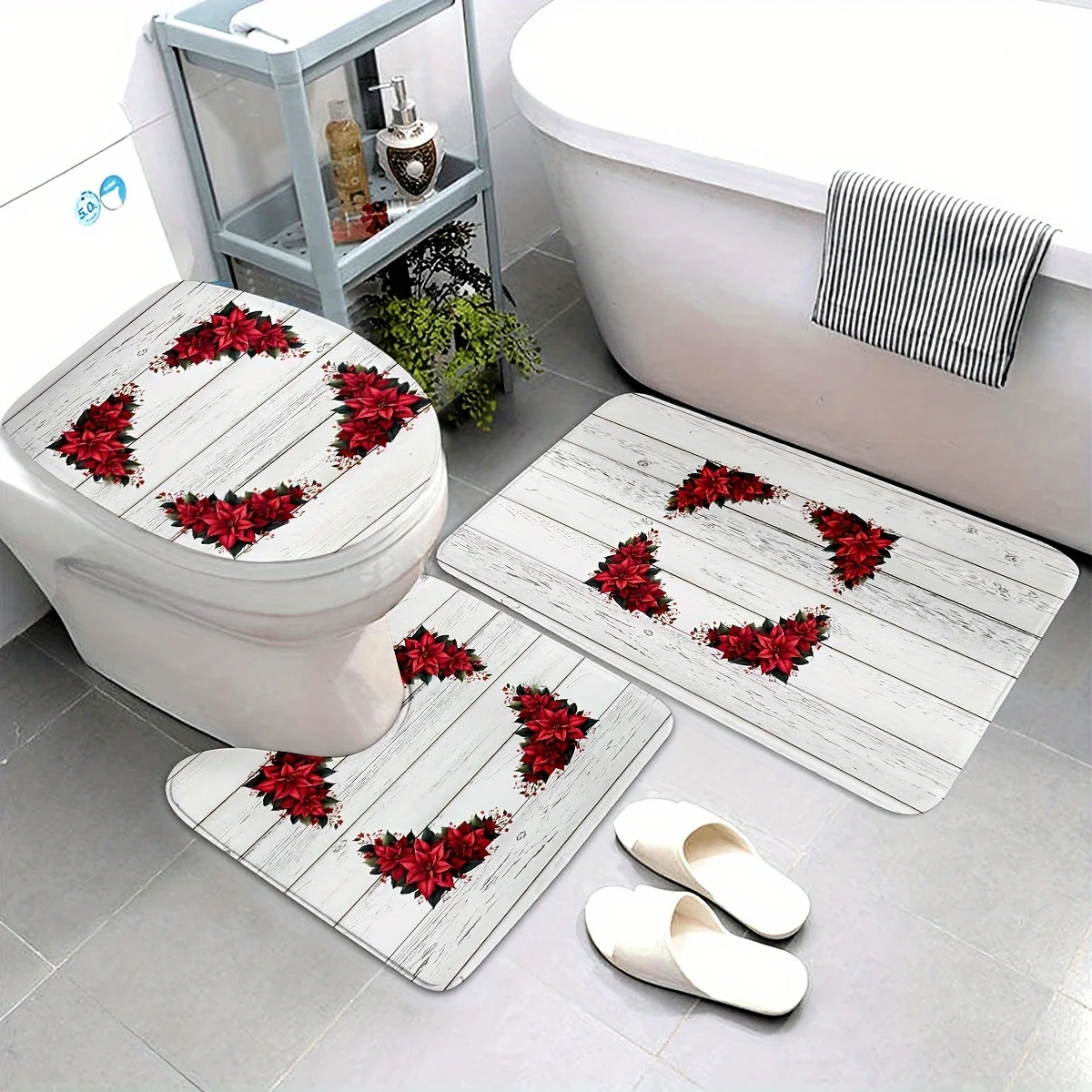 

Рождественский венок из 3 предметов с узором под дерево, полиэфирная ткань, можно стирать в машине, U-образный коврик, нескользящий коврик, чехол на сиденье унитаза