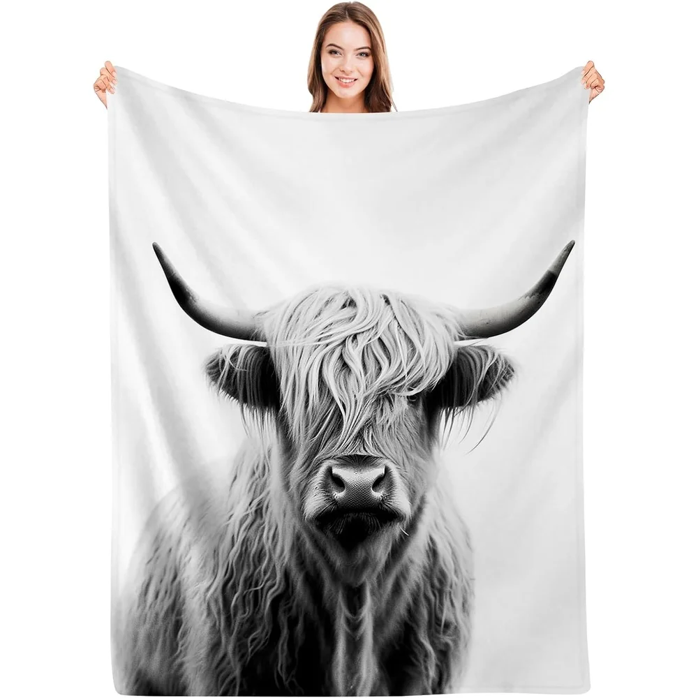 SARA NELL Highland Cow Blanket - Scottish Highland Cow Plaid-like Portrait with Horns, 280gsm Heavyweight Flannel All-Season Sof