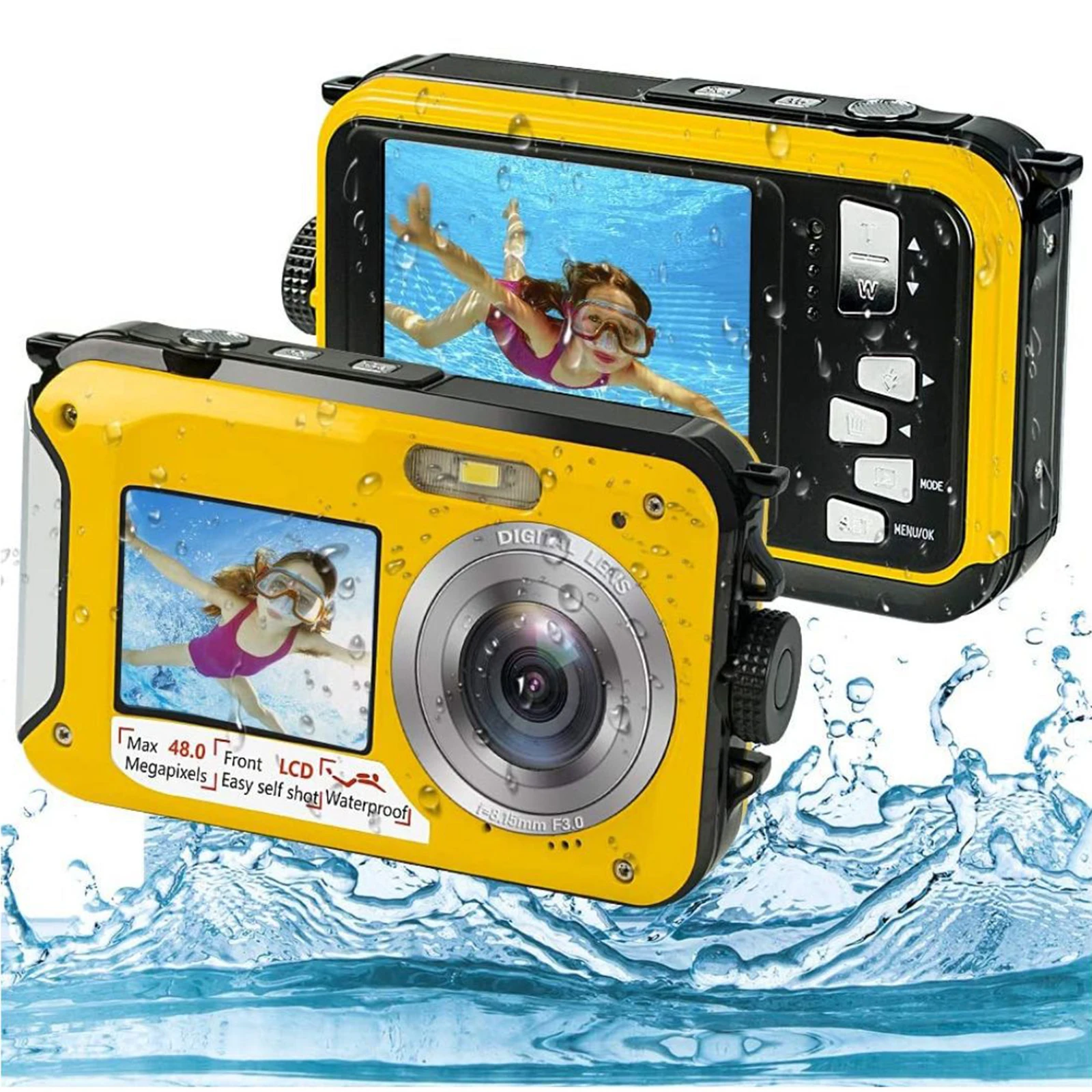 Self-Timer Underwater Camera 16X Dual Screen Waterproof HD 2.7K 48MP Digital Camera for Snorkeling Video Recording