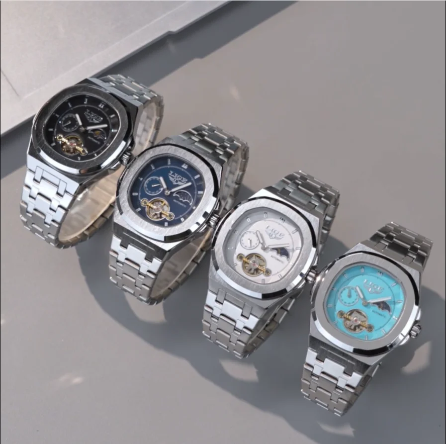 

Механические часы LIGE с двойным секундным циферблатом и турбийоном, 24-часовые мужские часы из нержавеющей стали, оригинальные часы с ночным свечением, водонепроницаемые мужские часы