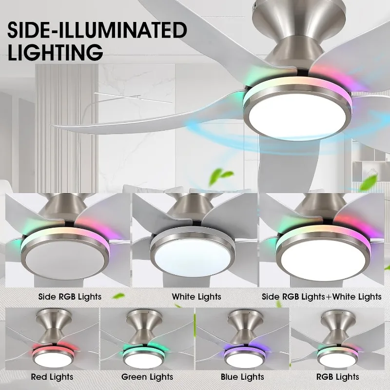 Ceiling Fans with Lights and Remote/APP Control, 38 inch Low Profile Flush Mount Ceiling Fans with 5 Reversible Blades 6 Speeds