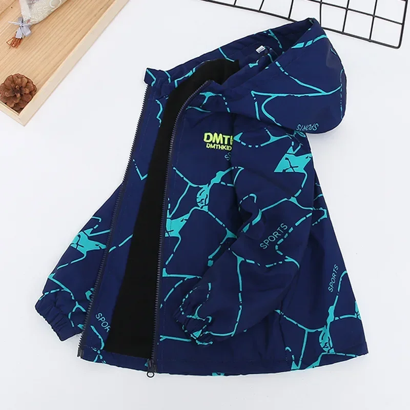 Spring Autumn Waterproof Children Hooded Cartoon Girls Jacket Warm Fleece Lined Zip Outwear School Kids Boys Outfit Top XMP99