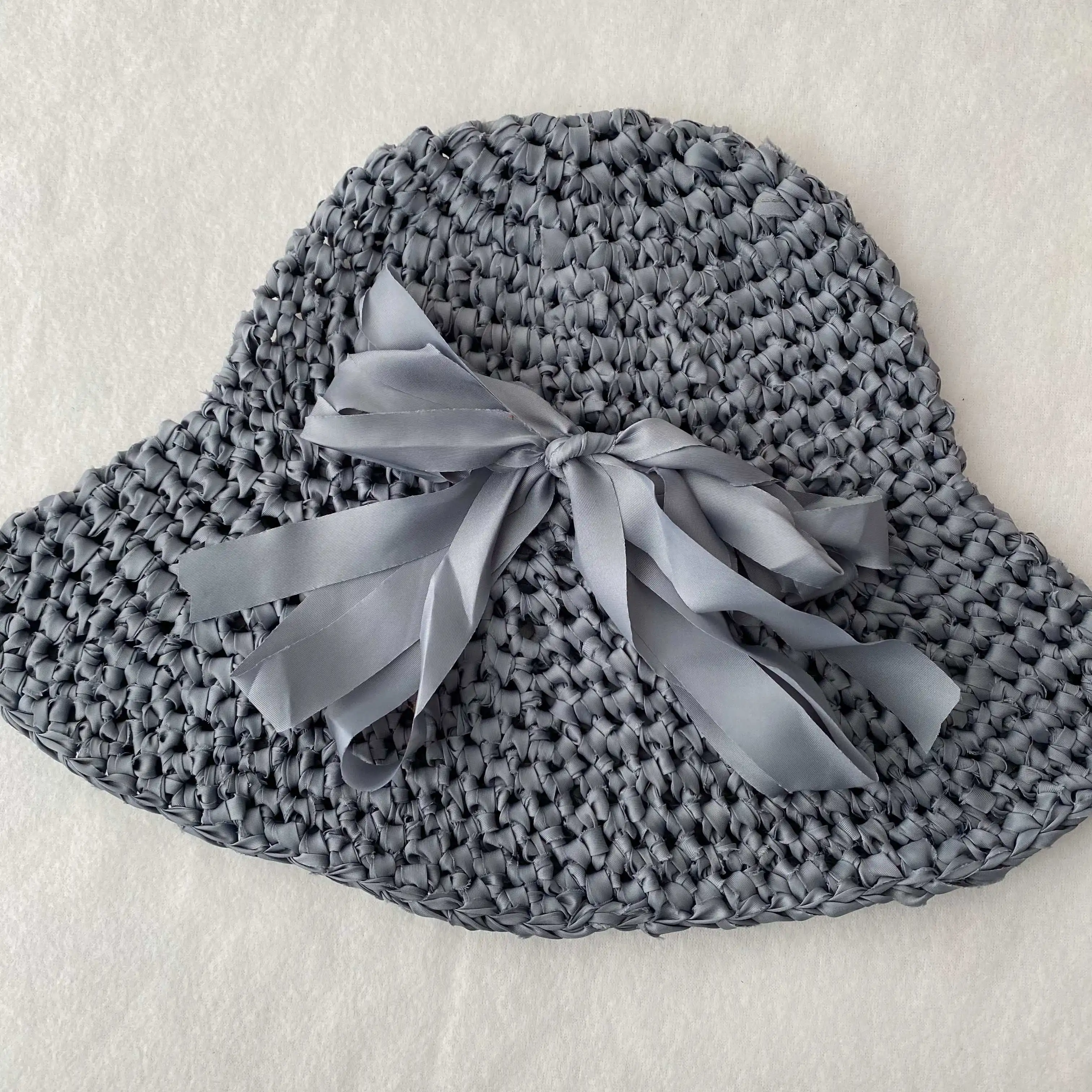 Ladies Wide Brim Crochet Hat Handmade Fabric Strip Yarn Solid Color for Casual Weekend Outfits and Coastal Holiday Getaways