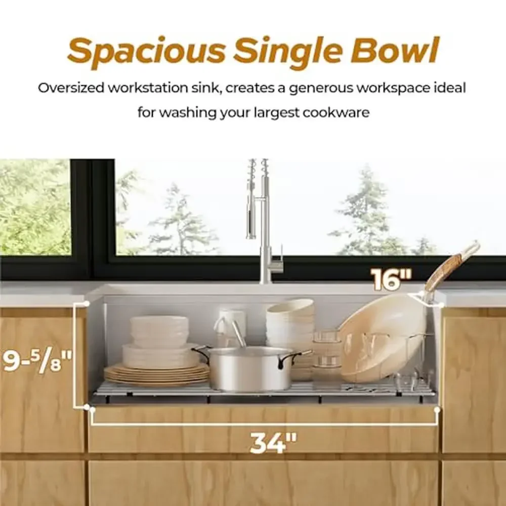 Lavello da cucina sottopiano da 36 pollici, vasca singola in acciaio inossidabile, sporgenza integrata e accessori inclusi, profondità, grande capacità, silenzioso