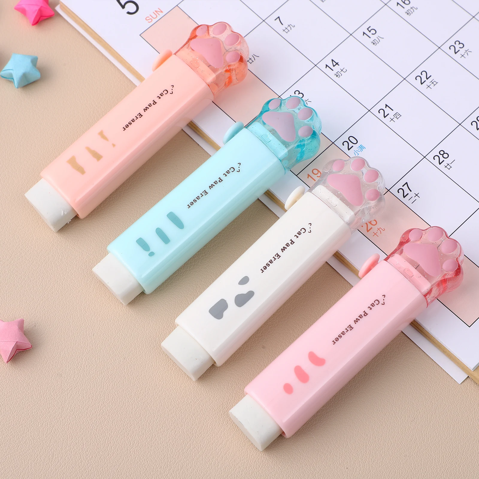 

4pcs Cat Paw Shaped Erasers White Green ange Pink Retractable Rubber Fun Kawaii Cute Office Supplies Student Stationery