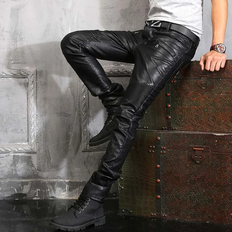 Fashion Mens Pu Leather Pants Waterproof Motorcycle Leather Trousers For Male Size 28-40 Windbreak