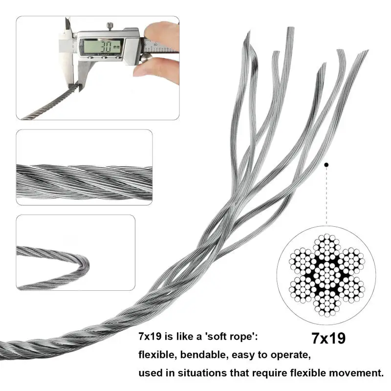 1PCS 5M 304 Stainles Steel Wire Rope 7x19 Strand,1.5mm 2mm 3mm, Anti-Rust Flexible Cable for DIY Craft,Home Repair Outdoor