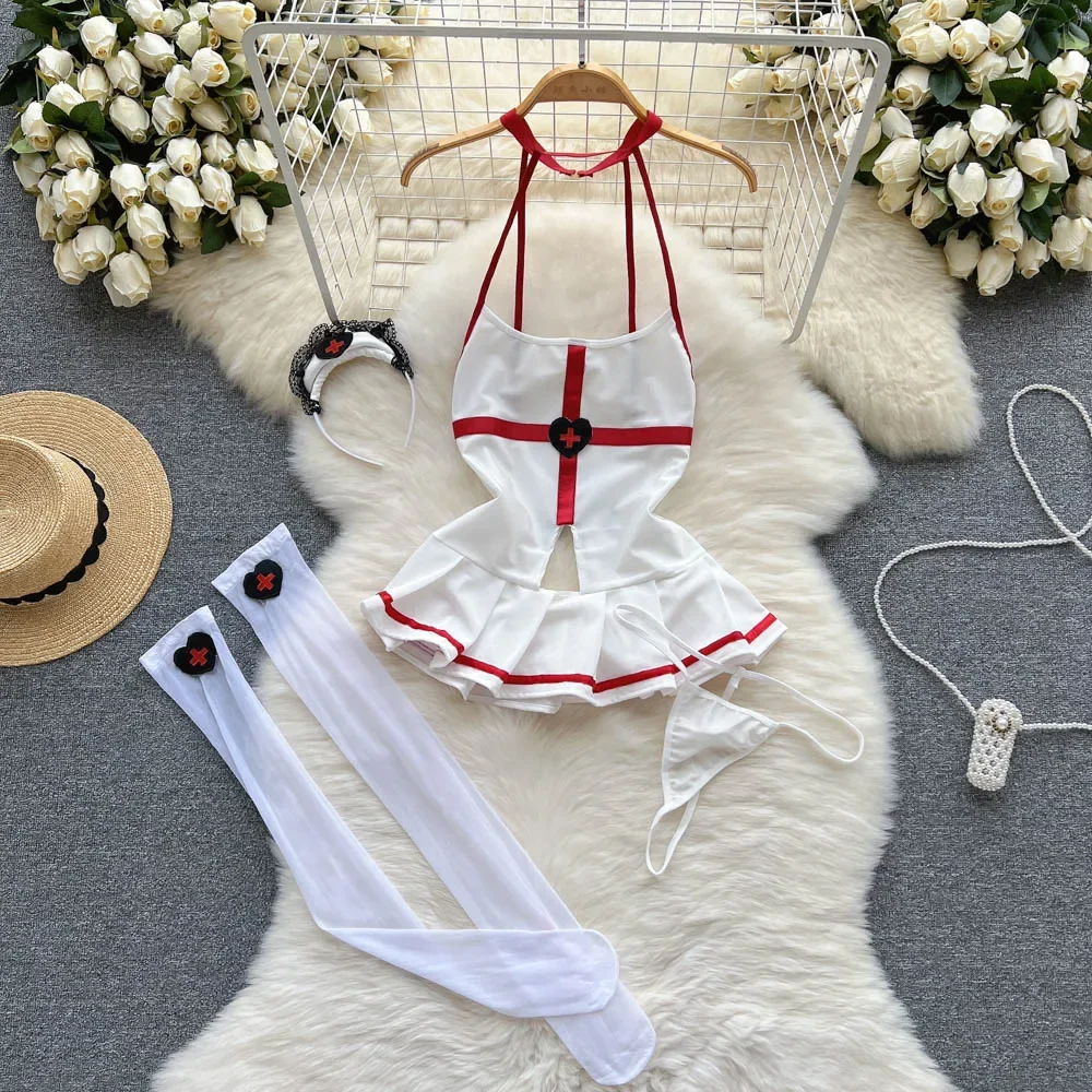 

Эротические комплекты униформы медсестры с лямкой на шее, мини-платье с открытой спиной + стринги, сексуальные пижамы с вырезами Amatory Temptation