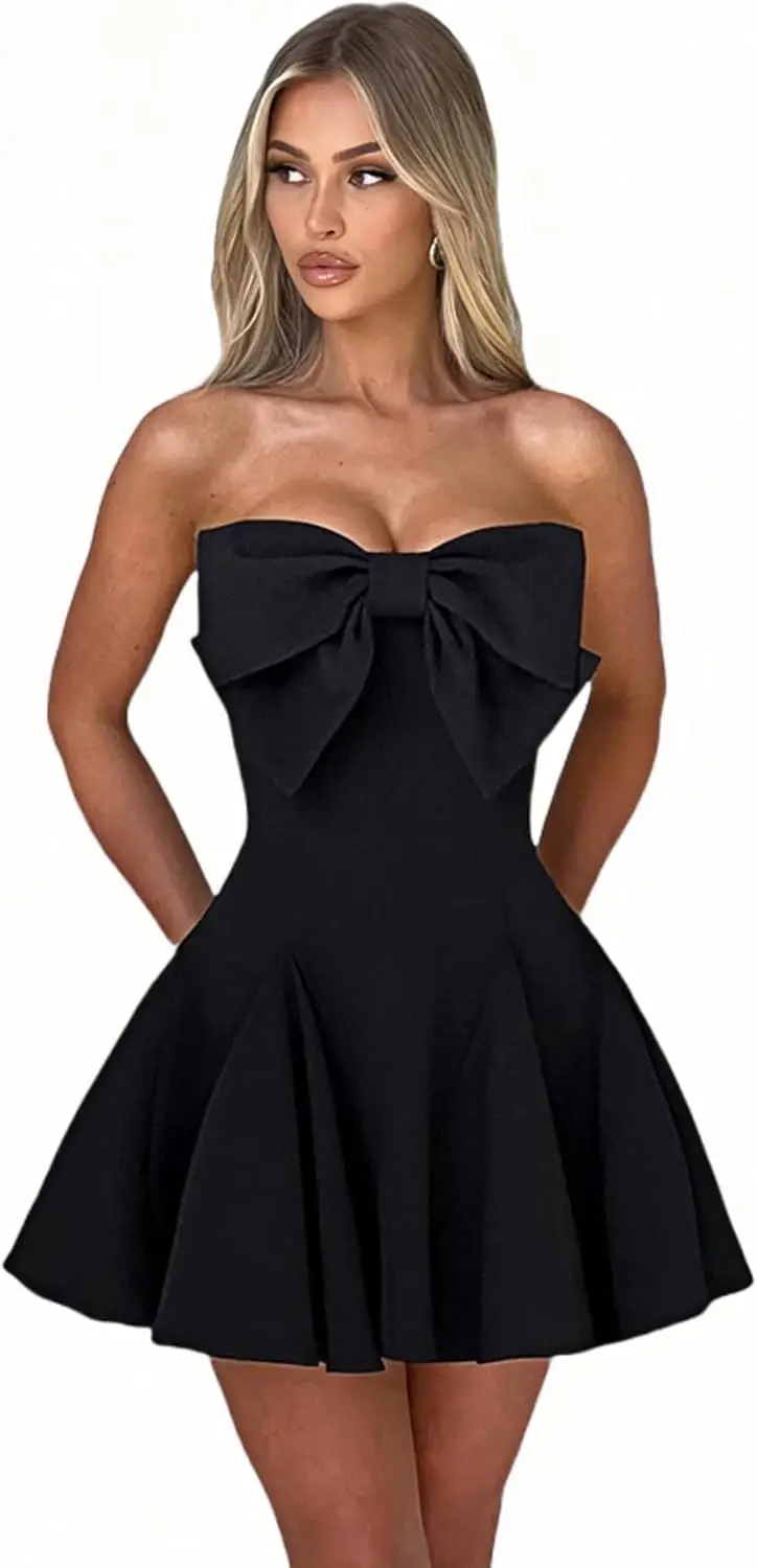 

Women's Elegant Bow Strapless Homecoming Dress A Line Swing Tube Mini Dress Short Evening Party Prom Dresses Cocktail Dress