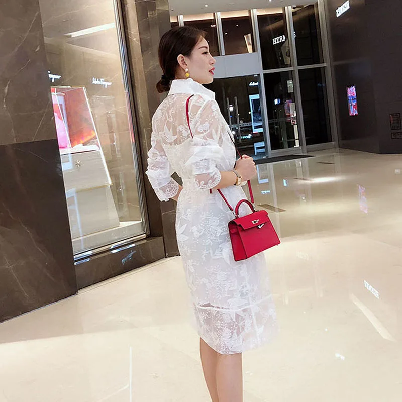 Women Mid-length White Lace Thin Trench Coat With Suspenders Tops With Sashes Spring Autumn Lapel Long Sleeve Female Outerwear