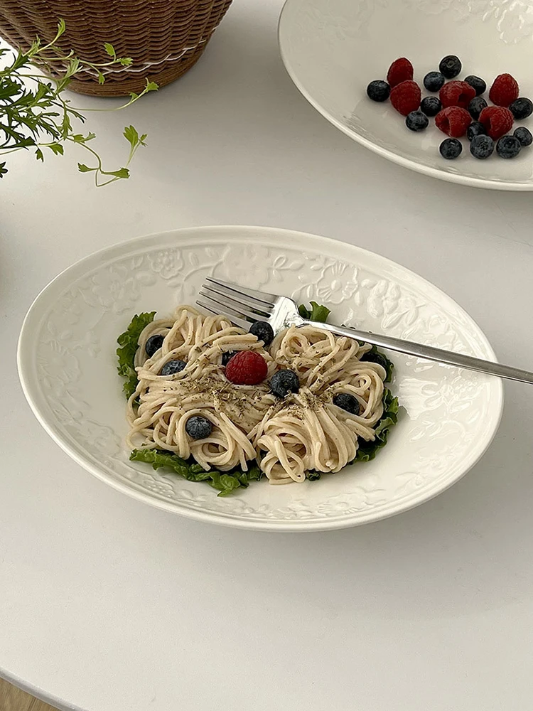 Embossed Oval White Plate Light Luxury Ceramic Deep Plate Salad Breakfast Plate Home Spaghetti Plate Kitchen Tableware