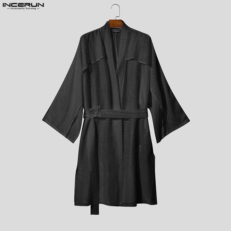 INCERUN Men Long Style Shirt Mesh See Through V Neck Long Sleeve Cardigan For Man Open Stitch Striped Lace Up Loose Men Clothes
