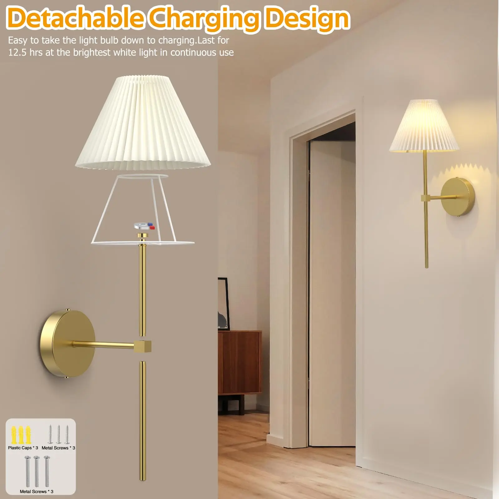 Battery Operated Wall Sconces Set of 2,Gold Rechargeable Wall Lights with Remote,3000mAh Dimmable 2 Timer Magnetic Bulbs