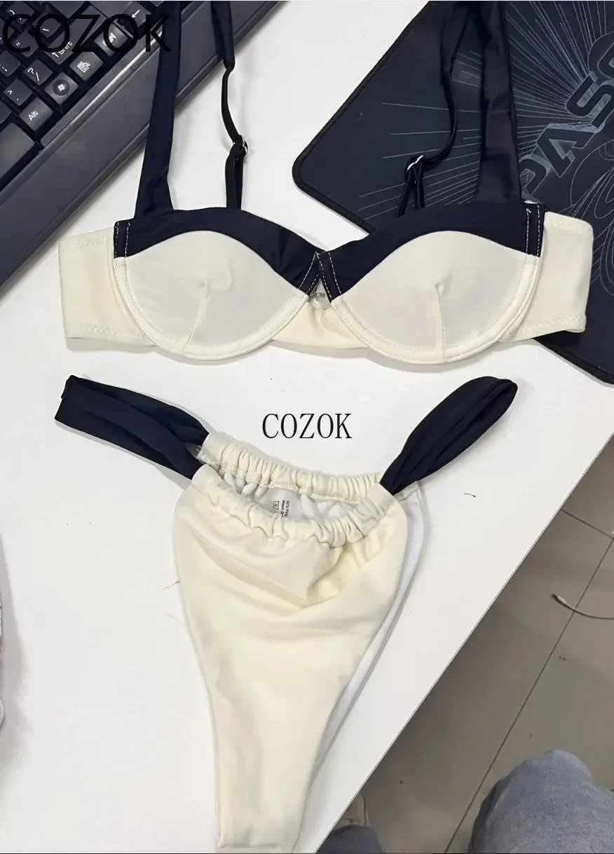 COZOK-moda praia feminina de verão, biquíni sexy, alça de 2 peças, moda praia de contraste, novo, 2022