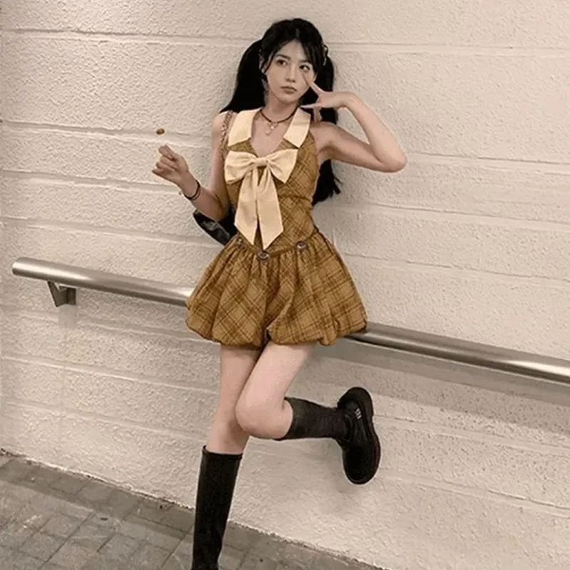 Süße Preppy Frauen Mini Kleid Sommer Mode Tunika Plaid Kleid Abnehmen Schmetterling Flauschigen Prinzessin Kleid Weibliche