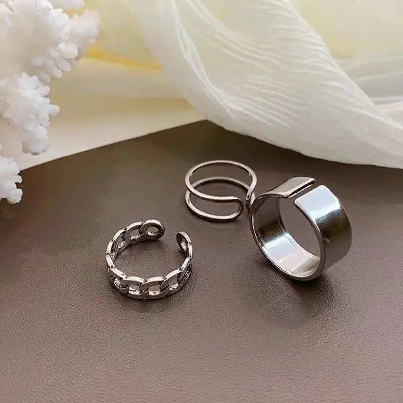 3 Piece Stainless Steel Korean Punk Women\'s Ring Set Jewelry Silver Color Geometric Chain Open Rings For Women 2024 Wholesale