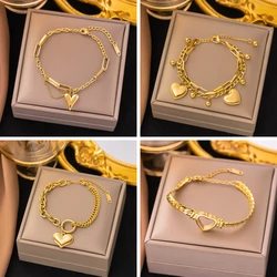 Stainless Steel Love Heart Charm Bracelet For Women New Fashion Girls Gold Color Steel Color Rustproof Wrist Jewelry Party Gifts