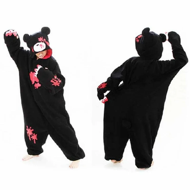 New Black Pink Blood Bear Cosplay Costume Fleece Cartoon Onesies Pajamas Adult Halloween Party Costume Sleepwear Bodysuit