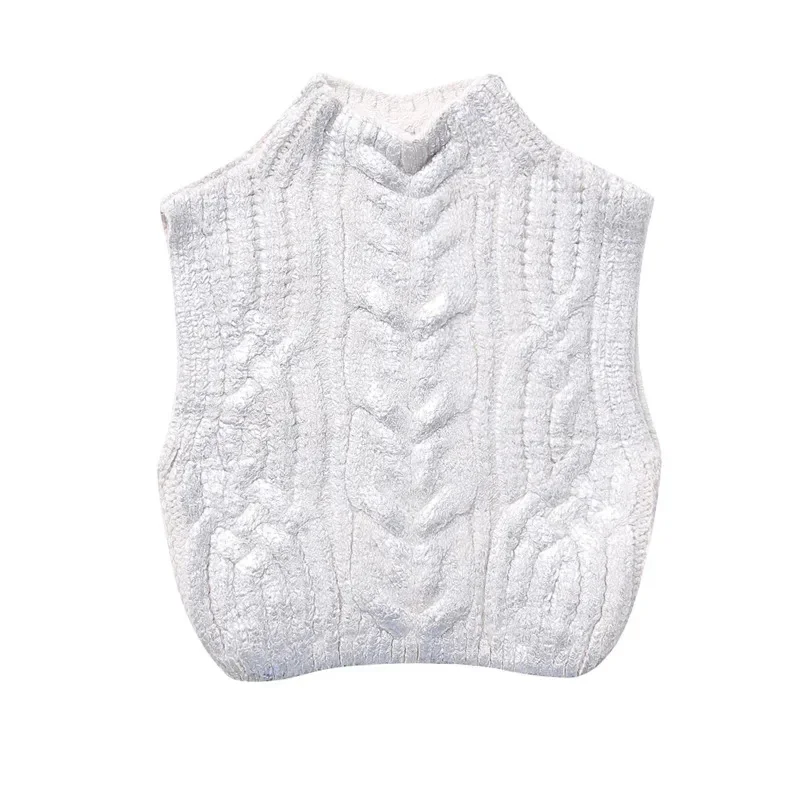 High Street Sleeveless Knitted Sweater Vest Stand-up Collar Cropped Top Fashion Metallic Color Twist Crochet Pullover For Women