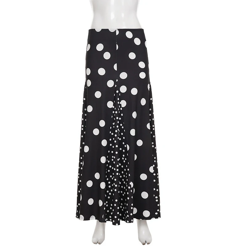 OMSJ Women's French Retro Polka Dot Printed Color Blocked Half Skirt 2025 Casual Fashion Middle Waist Pleated Midi Skirt Holiday