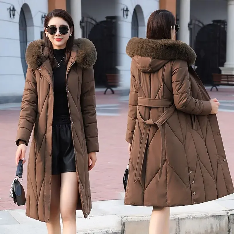 

Thickened Warm Snow Outwear Coats Winter New Cotton Parka Clothes XL-5XL Women Solid Elegant Belt Middle-aged Ladies Jacket