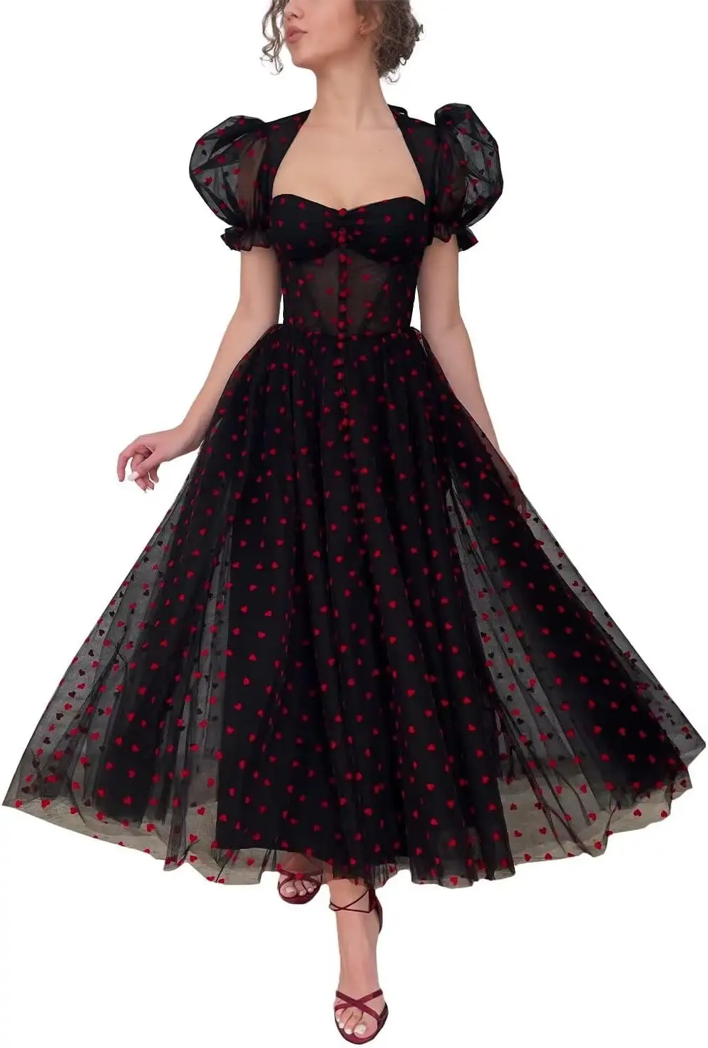 

Модное шифоновое танцевальное платье в форме сердца длиной до чая2025, плотный корсет трапециевидной формы с пышными рукавами, вечернее вечернее платье с разрезом