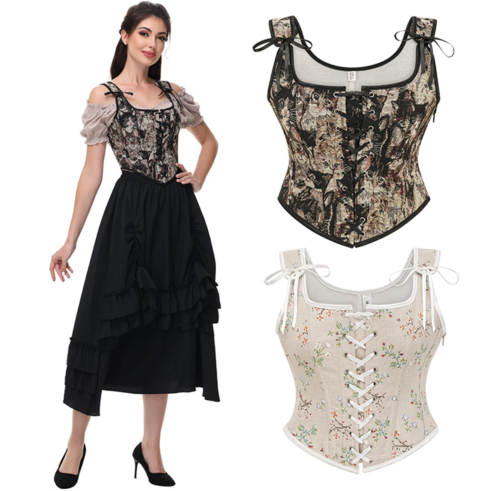 

Women'S Renaissance Lace Up Jacquard Corset Medieval Court French Floral Shapewear Adjustable Shoulder Straps Bodyshaper