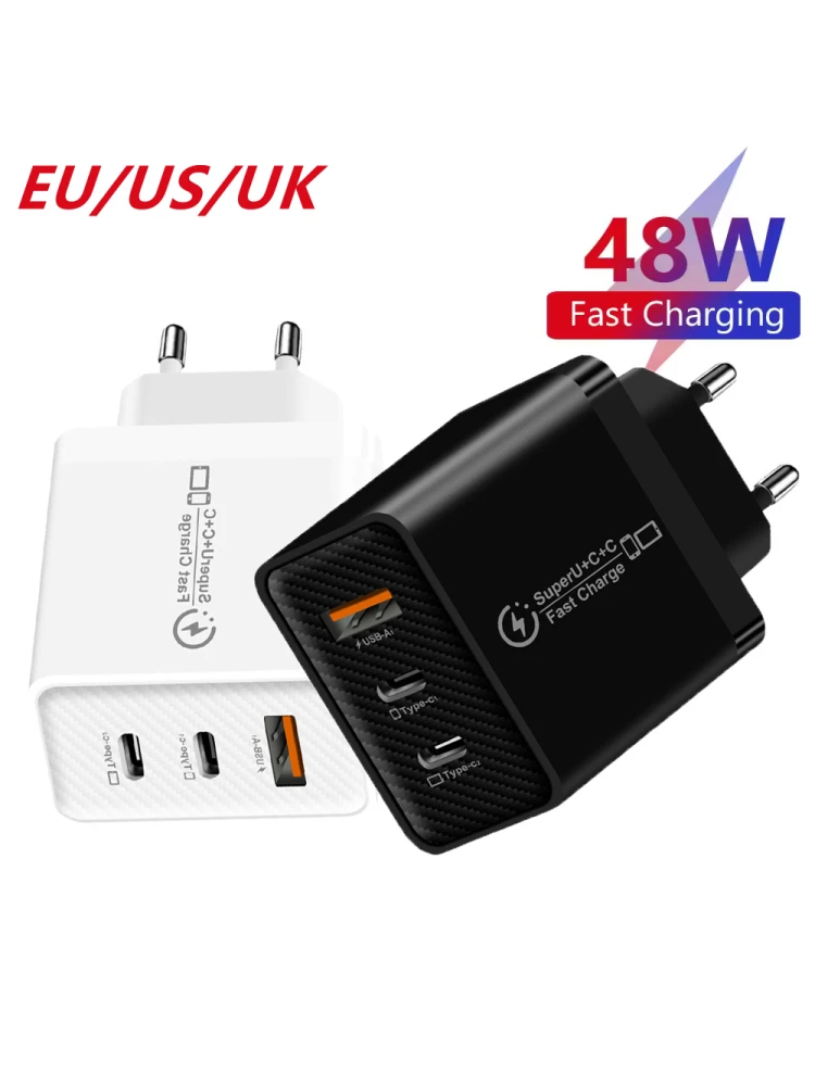 Ładowarka szybka 48W z 3 portami USB QC 3.0 PD Type C, adapter sieciowy z wtyczką EU US UK do iPhone 15 Xiaomi Samsung Huawei do ładowania telefonów — 2