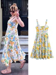 TRAF Fashion Print Single Breasted Sling Dress 2024 Women Casual Sleeveless Backless Pleated Female Dress Lady Beach Robes