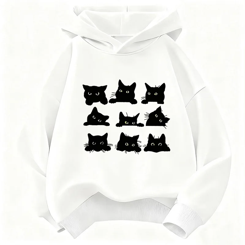 Niedliche schwarze Katzen-Grafik Kinder-Hoodies Langarm Cartoon-Tier Jungen Mädchen Kleidung Kawaii Oberteile Y2K Kinder-Sweatshirt